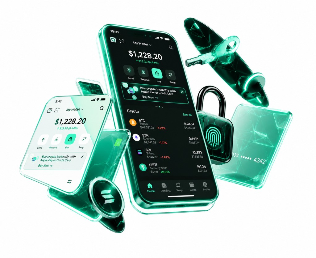 Crypto wallet composition with phone, card and security elements